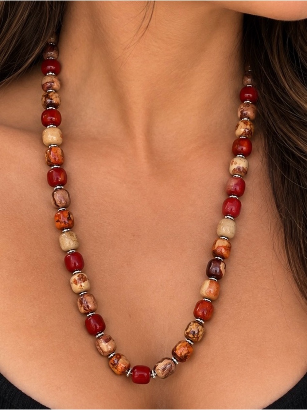 Dalia Red, Cream and Brown Beaded Necklace